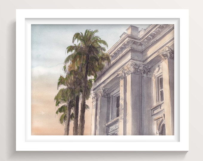 CALIFORNIA STATE CAPITOL - Sacramento Neo-Classical Architecture, Ink and Watercolor Painting Wall Art Giclee Print, Drawn There