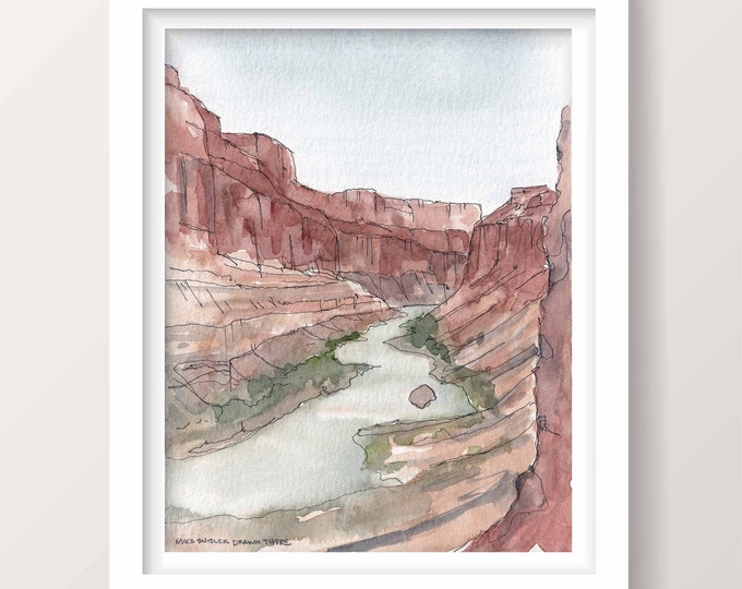 GRAND CANYON - Colorado River, Landscape Watercolor Painting Drawing, Rafting, Hiking, National Park Arizona, Red Rocks Nature, Drawn There