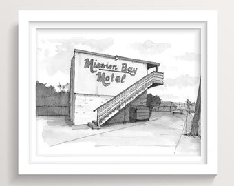 MISSION BAY MOTEL - San Diego, California, Vintage Beach Hotel, Pen and Ink Architecture Drawing, Urbansketchers, Art Print, Drawn There