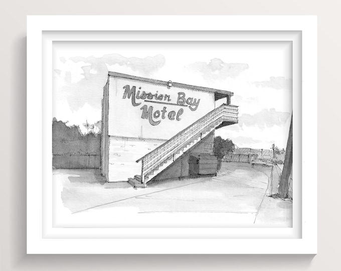 MISSION BAY MOTEL - San Diego, California, Vintage Beach Hotel, Pen and Ink Architecture Drawing, Urbansketchers, Art Print, Drawn There