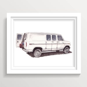 FORD ECONOLINE VAN - Classic, Oriental Rugs,, Vanlife Ink and Watercolor Painting, Drawing, Drawn There
