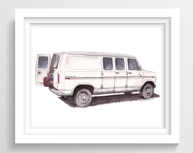 FORD ECONOLINE VAN - Classic, Oriental Rugs,, Vanlife Ink and Watercolor Painting, Drawing, Drawn There