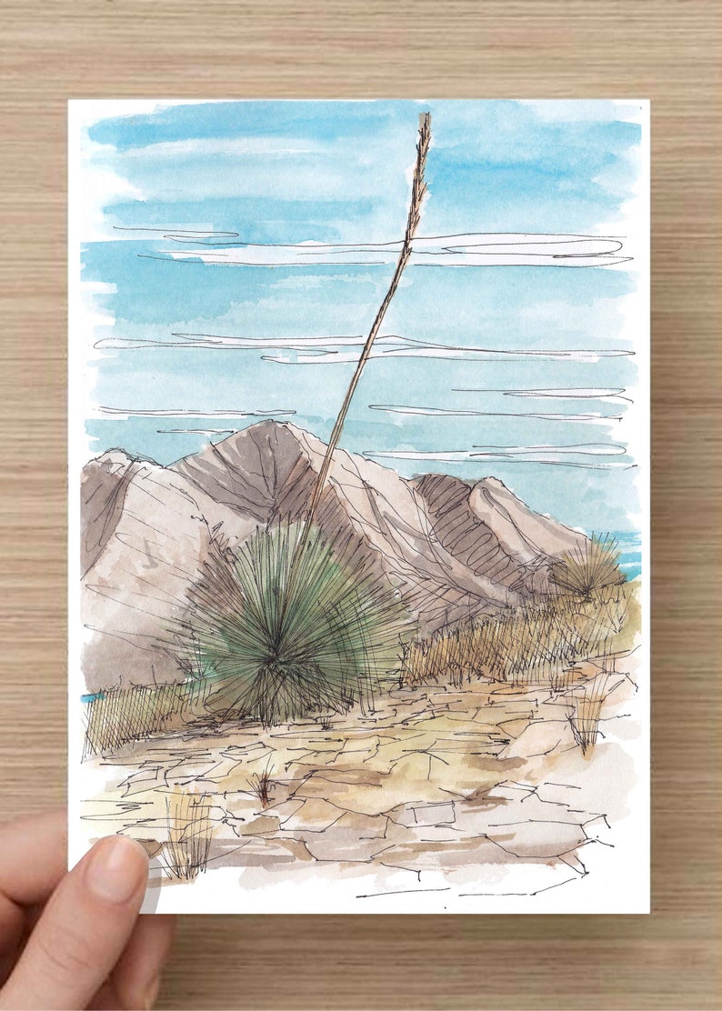 May include: Watercolor painting of a desert landscape with a tall, thin plant in the foreground and a mountain range in the background. The sky is blue with white clouds.