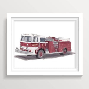 FIRE TRUCK - Engine, First Responder, Red Firetruck, Vehicle Art, Ink and Watercolor Painting, Drawing, Art, Drawn There