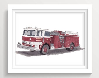 FIRE TRUCK - Engine, First Responder, Red Firetruck, Vehicle Art, Ink and Watercolor Painting, Drawing, Art, Drawn There