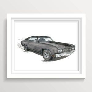 1970 Chevrolet Chevelle SS - Classic Vintage Muscle Car, Ink and Watercolor Painting, Drawing, Art Print, Drawn There