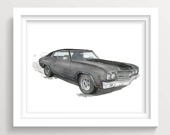 1970 Chevrolet Chevelle SS - Classic Vintage Muscle Car, Ink and Watercolor Painting, Drawing, Art Print, Drawn There