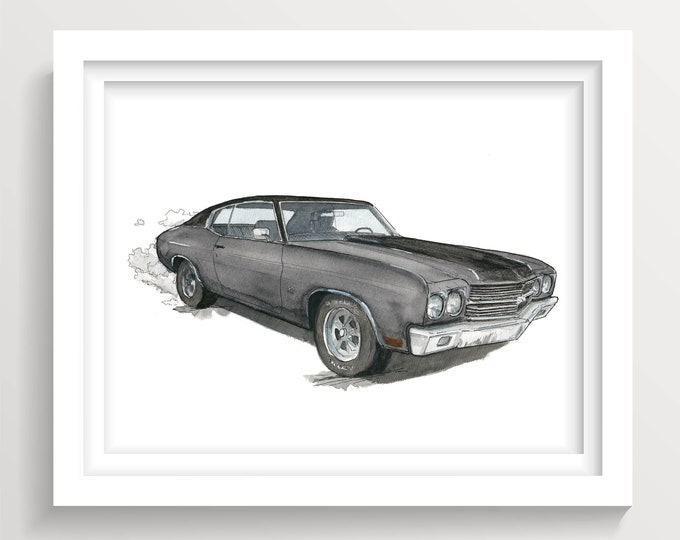 1970 Chevrolet Chevelle SS - Classic Vintage Muscle Car, Ink and Watercolor Painting, Drawing, Art Print, Drawn There