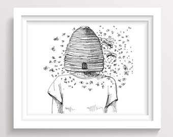 HIVE MIND - Woman, Bees, Beehive, Honey, Pen and Ink Drawing, Drawn There