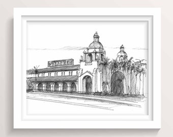 SANTA FE RAILROAD - San Diego Train Station, California, Spanish Mission Architecture, Downtown, Plein Air Ink Drawing, Art, Drawn There