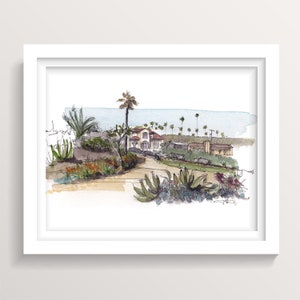 May include: Watercolor painting of a coastal scene with a palm tree, houses, and a winding path leading to the ocean. The painting is done in shades of blue, green, and brown.