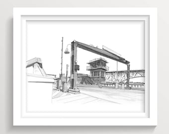 FREMONT BRIDGE SEATTLE - Washington, Drawbridge, Architectural Pen and Ink Drawing, Plein Air Sketchbook, Travel Sketch, Art, Drawn There