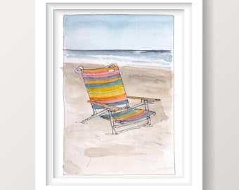 BEACH CHAIR - Ocean, Nautical Art, Vacation, Ink and Watercolor Plein Air Painting, Drawing, Art, Drawn There