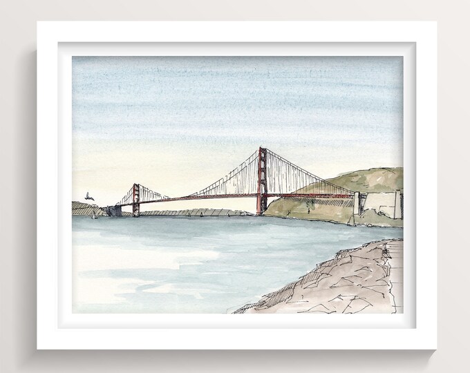 GOLDEN GATE BRIDGE - San Francisco, Bay, California, Drawing, Pen and Ink, Painting, Watercolor, Sketchbook, Drawn There, Art Print, Pelican