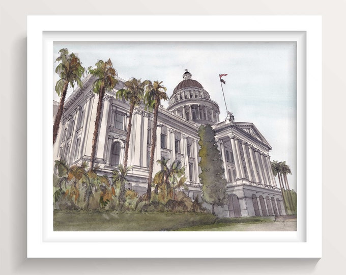 CALIFORNIA STATE CAPITOL - Sacramento Neo-Classical Architecture, Ink and Watercolor Painting Wall Art Giclee Print, Drawn There