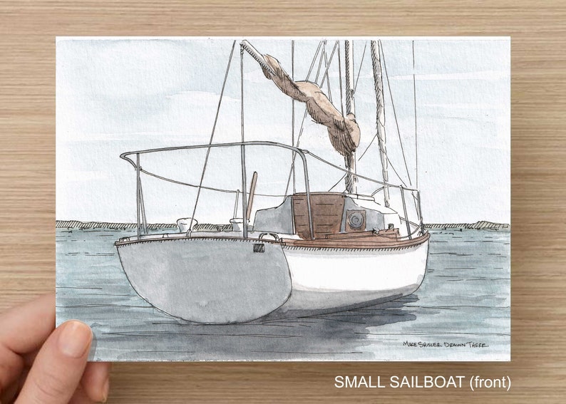 SMALL SAILBOAT Sailing Boating Art Bay Ink and Watercolor Painting Nautical Boat Ocean Drawn There Drawing