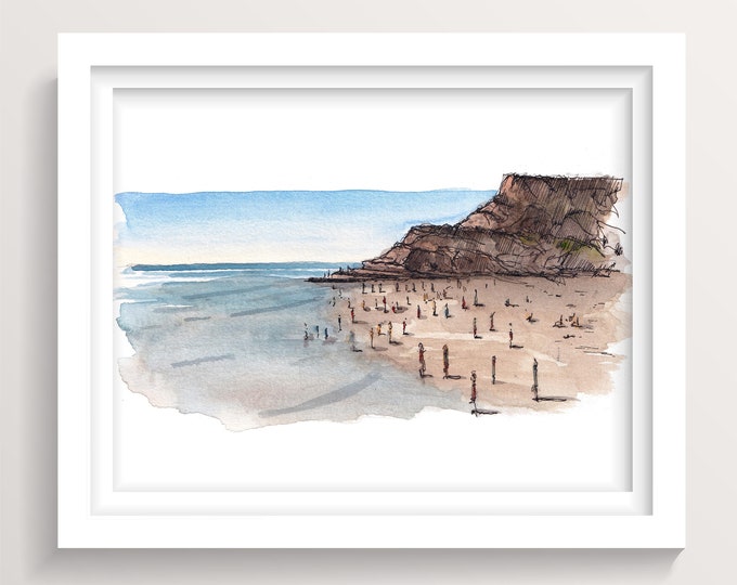DEL MAR CALIFORNIA - Dog Beach, Ocean, Water, Summer, Pacific Coast, Surfing, Plein Air Watercolor Painting, Art, Drawn There