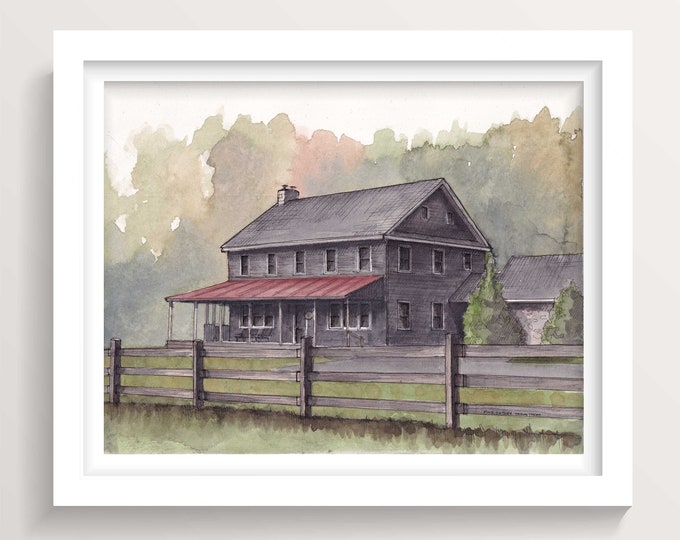 RURAL PENNSYLVANIA FARMHOUSE - Rustic Ink and Watercolor Barn Architecture Painting, Drawing, Cabin Wall Art, Drawn There