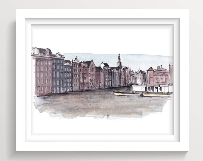 AMSTERDAM HOUSES - Damrak Canal Houses, Netherlands, Europe, Plein Air Ink and Watercolor Painting, Travel Sketchbook Art Print, Drawn There