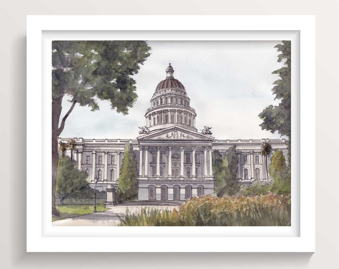 CALIFORNIA STATE CAPITOL - Sacramento Neo-Classical Architecture, Ink and Watercolor Painting Wall Art Giclee Print, Drawn There