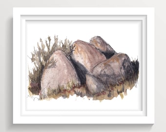 TEMECULA ROCKS and GRASS - Meadow, Boulders, Plein Air Landscape Watercolor Painting, California, Mountains, Drawn There