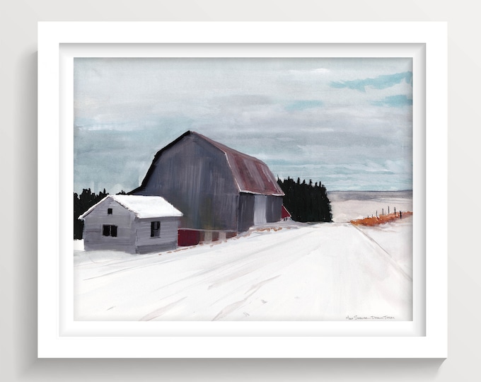 SNOWY RUSTIC BARN - Tioga County Pennsylvania, Rural Snow Day, Dirt Road Farm, Gouache Painting, Art Print, Cabin Wall Art, Drawn There