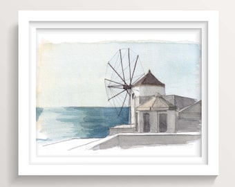 Santorini Windmill, Greece | Digital Download | Pencil & Watercolor Sketch
