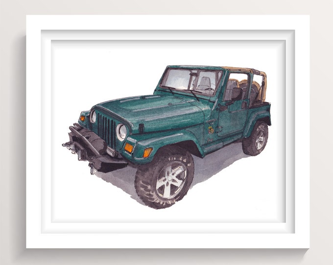 JEEP WRANGLER SAHARA - Ink and Watercolor Painting of Soft Top Jeep, 4x4 Off Road Vehicle Wall Art Print, Drawn There