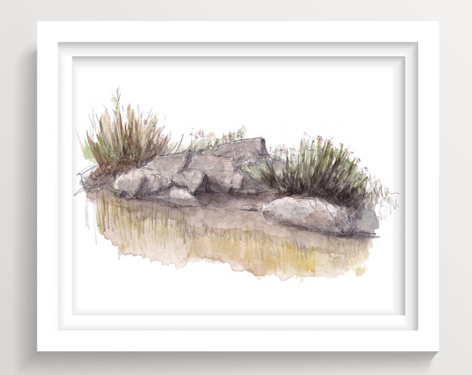 TEMECULA ROCKS and GRASS - Meadow, Wildflowers, Plein Air Landscape Watercolor Painting, California, Mountains, Drawn There