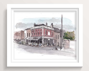 BROADWAY MARKET LONDON - England, uk, Cafe Architecture, Plein Air Ink and Watercolor Urbansketchers Painting, Travel Art Print, Drawn There