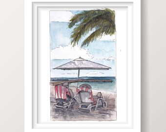 TROPICAL BEACH CHAIRS - Palm Tree, Ocean, Umbrella, Vacation, Plein Air Ink and Watercolor Painting, Drawing, Art Print, Drawn There