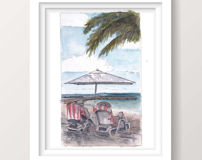 TROPICAL BEACH CHAIRS - Palm Tree, Ocean, Umbrella, Vacation, Plein Air Ink and Watercolor Painting, Drawing, Art Print, Drawn There