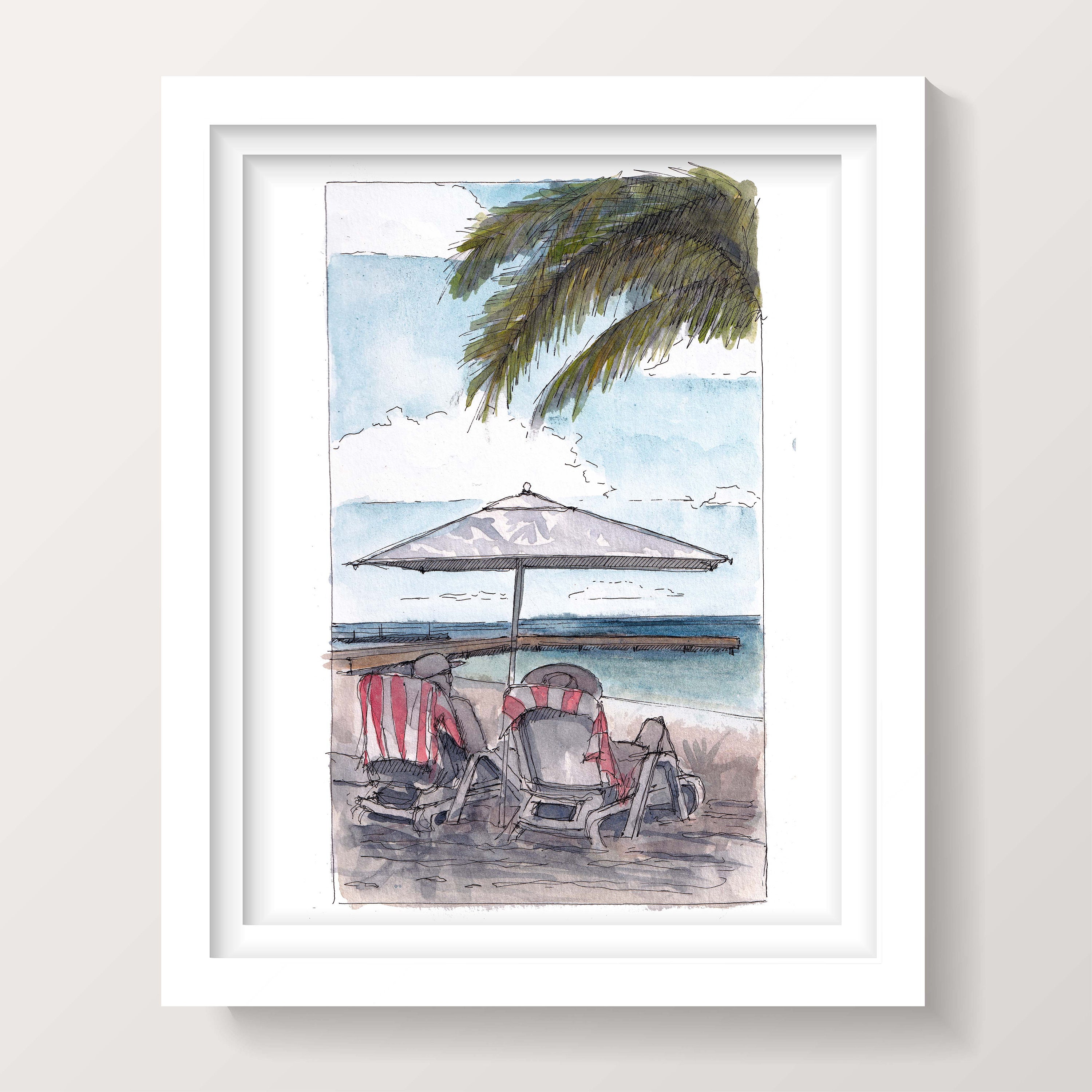 Watercolor beach set. Hand drawn men summer wear - tank t-shirt, swim shorts,  sun hat, sunglasses and tropical cocktail with palm tree leaf, isolated on  white background. Vacation vibes illustration. Stock-illustration