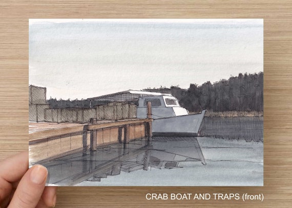 CRAB BOAT and DOCK Crab Trap, Deadrise, Wood Boat, Crabbing