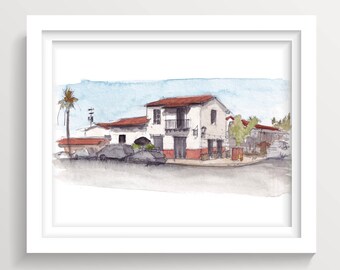 RANCHO SANTA FE - San Diego, California, Spanish Architecture Street Corner, Plein Air Urbansketchers Watercolor Painting, Wall Art