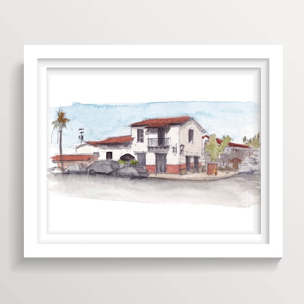 RANCHO SANTA FE - San Diego, California, Spanish Architecture Street Corner, Plein Air Urbansketchers Watercolor Painting, Wall Art