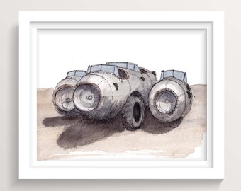 BLACK ROCK CITY 2021 - The Bomb, Artcar, Steampunk Design, Plein Air Ink and Watercolor Painting, Drawing, Art Print, Drawn There