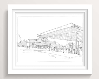 WAWA GAS STATION - Convenience Store, Hoagie, Pennsylvania, Plein Air Pen and Ink Drawing, Urbansketchers Art Print, DrawnThere