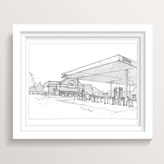 WAWA GAS STATION - Convenience Store, Hoagie, Pennsylvania, Plein Air Pen  and Ink Drawing, Urbansketchers Art Print, DrawnThere