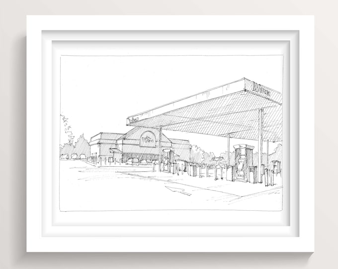 WAWA GAS STATION - Convenience Store, Hoagie, Pennsylvania, Plein Air Pen and Ink Drawing, Urbansketchers Art Print, DrawnThere