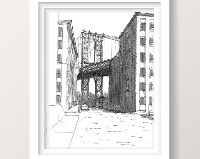 BROOKLYN DUMBO BRIDGE - Manhattan Bridge, New York City, Pen and Ink Drawing, Architecture, Urbansketcher, Sketchbook, Art, Drawn There