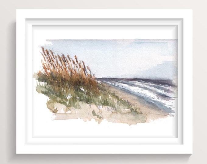 OUTER BANKS - North Carolina, Beach and Dune Grasses, Plein Air Ink and Watercolor Painting, Art Print, Drawn There