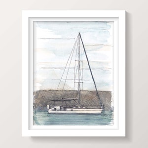 Puede incluir: Una pintura de acuarela de un velero atracado en un muelle. El velero es blanco con una cubierta marrón y una vela azul. El agua es de color azul claro y el cielo es de color azul claro con nubes blancas.