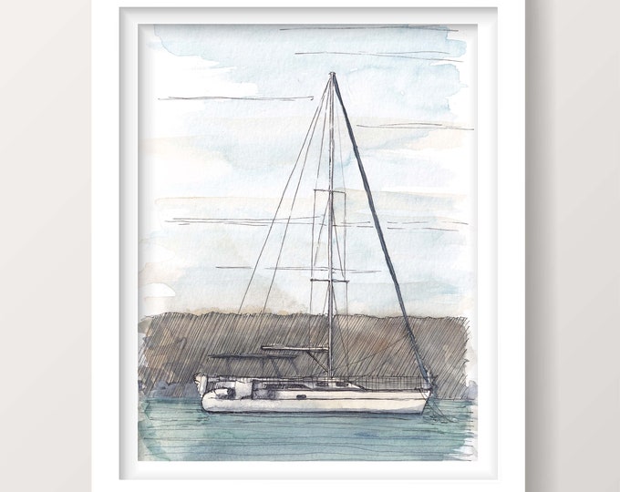 EXUMAS BAHAMAS SAILBOAT - Caribbean Sailboat Cruising, Turquoise Water, Nautical Sailing Watercolor Painting Art Print, Drawn There