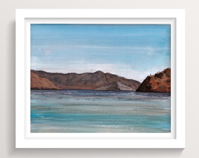 BAHIA DE CONCEPCION Landscape Painting - Gouache Watercolor Plein Air Painting Art Print of Desert Mountains and Turquoise Water