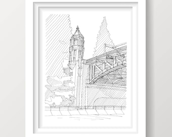 MONTLAKE BRIDGE, SEATTLE - Pen and Ink, Rowing Art, Crew Team Drawing, Art Print, Draw Bridge, Architecture, Washington, Drawn There