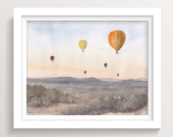 TEMECULA VALLEY BALLOONS - Hot Air Balloon, California, Ink and Watercolor Landscape Sunset Painting, Drawing, Drawn There