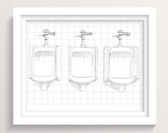 THREE AMIGOS - Urinal Drawing, Funny Bathroom Art, Pen and Ink Line Drawing, Bathroom Ideas, Drawn There