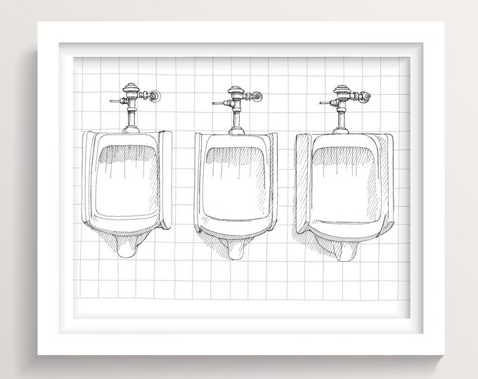 THREE AMIGOS - Urinal Drawing, Funny Bathroom Art, Pen and Ink Line Drawing, Bathroom Ideas, Drawn There