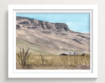 AIRSTREAM TRAVEL TRAILER - Desert Landscape Butte, Mesa, Ink and Watercolor Landscape Painting, Travel Art Print, American West, Drawn There